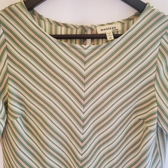 Monteau Semi-Cropped Top Butterfly Sleeves Ruffled Hem Pink, Green, White Size M - Picture 2 of 13